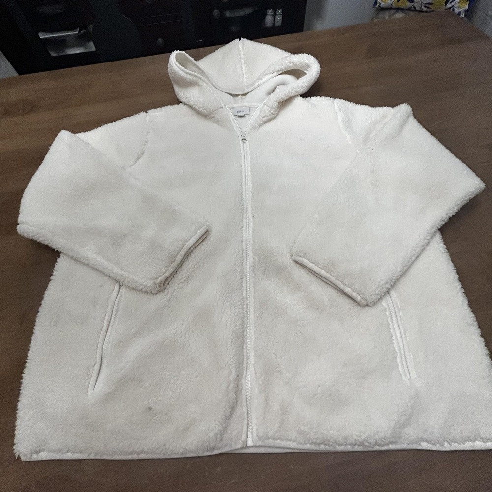 J Jill FIT Faux Fur Jacket Womens Large‎ Hooded Full Zip Soft Cozy Polyester